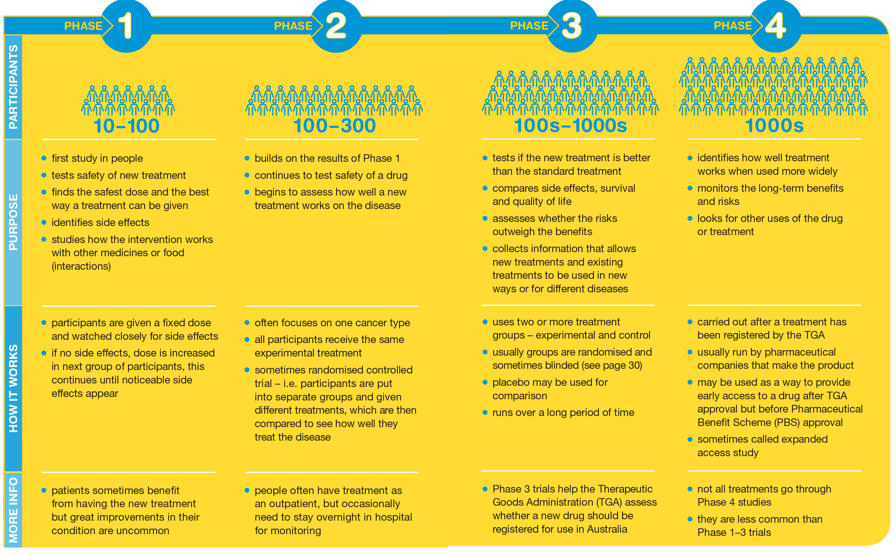 Blue and yellow chart of clinical trials and research phases.